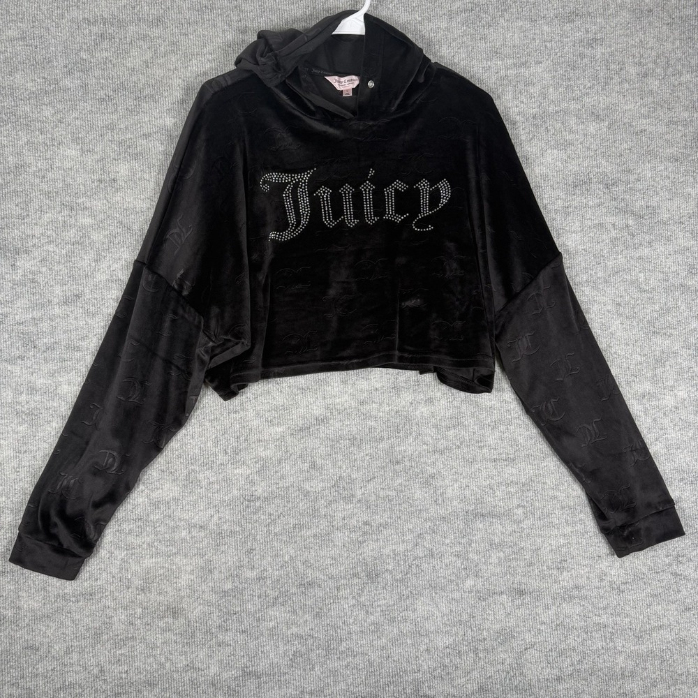 Juicy Couture Size-L Velour Rhinestone Logo Hoodie Sweatshirt Black Y2K